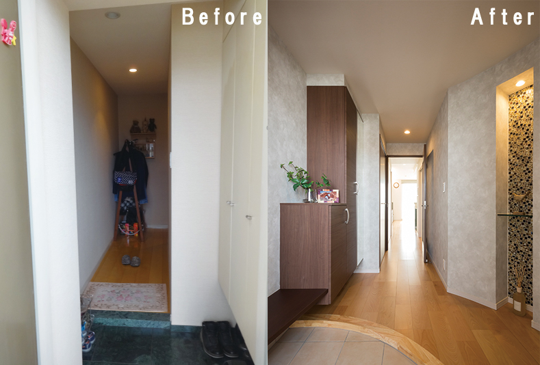 暗い印象から明るい雰囲気に改善された玄関