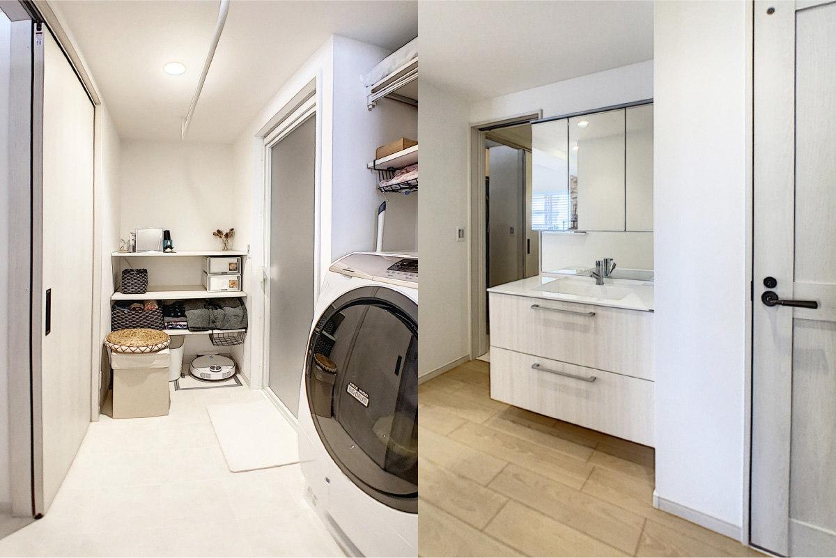 玄関からもLDKからも扉を介さずアクセスできる洗面台